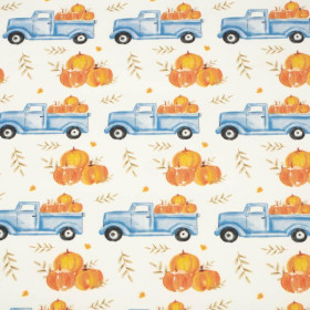 PUMPKINS ON THE PICKUP / LEAVES (PUMPKIN GARDEN) - looped knit fabric