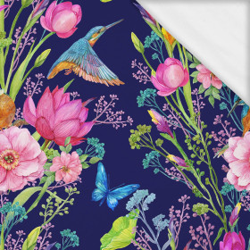 100cm KINGFISHERS AND BUTTERFLIES (KINGFISHERS IN THE MEADOW) / dark blue- single jersey with elastane ITY
