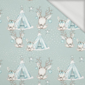 ANIMALS IN TIPI / light blue (MAGICAL CHRISTMAS FOREST) - looped knit fabric