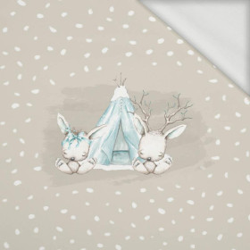 ANIMALS IN TIPI / WHITE TRACES / beige (MAGICAL CHRISTMAS FOREST) - panoramic panel looped knit 