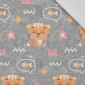 CATS AND FISH / flowers (CATS WORLD ) / ACID WASH GREY  - Cotton woven fabric