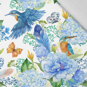KINGFISHERS AND LILACS (KINGFISHERS IN THE MEADOW) / white - Cotton woven fabric