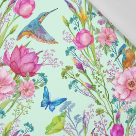 KINGFISHERS AND BUTTERFLIES (KINGFISHERS IN THE MEADOW) / mint - Cotton woven fabric