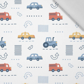 VEHICLES pat. 2 / white (ADVENTURE BEGINS) - Cotton woven fabric