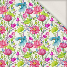 MINI KINGFISHERS AND POPPIES (KINGFISHERS IN THE MEADOW) / white - viscose woven fabric
