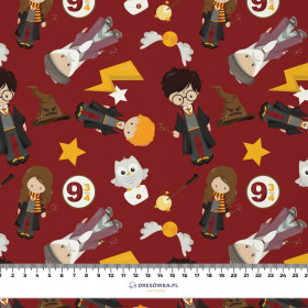 90cm MAGICAL FRIENDS pat. 3 (MAGIC SCHOOL) / bordová - Waterproof woven fabric