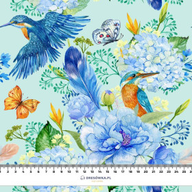 KINGFISHERS AND LILACS (KINGFISHERS IN THE MEADOW) / light blue - single jersey with elastane 