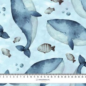 BLUE WHALES (THE WORLD OF THE OCEAN) / CAMOUFLAGE pat. 2 (light blue) - looped knit fabric