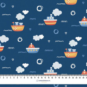 SHIPS pat. 3 / dark blue (ADVENTURE BEGINS) - Cotton woven fabric