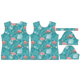 WOMEN’S T-SHIRT - FLAMINGOS AND ROSES / sea blue - single jersey 