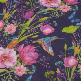 KINGFISHERS AND BUTTERFLIES / dark blue - Cotton woven fabric