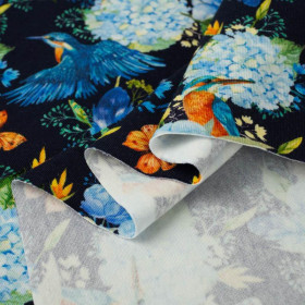 MINI KINGFISHERS AND LILACS (KINGFISHERS IN THE MEADOW) / navy - single jersey 