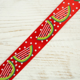 Satin ribbon 15 mm red with watermelons