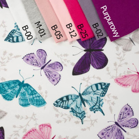 BUTTERFLIES PAT. 5 / white  (PURPLE BUTTERFLIES) - looped knit fabric