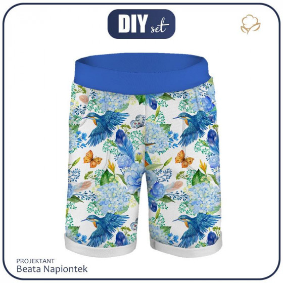 KID`S SHORTS (RIO) - MINI KINGFISHERS AND LILACS (KINGFISHERS IN THE MEADOW) / white - looped knit fabric 
