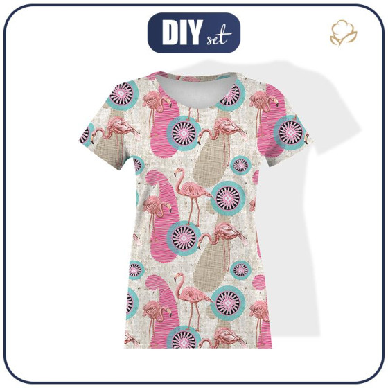 WOMEN’S T-SHIRT - FLAMINGOS AND ROSETTES - single jersey 