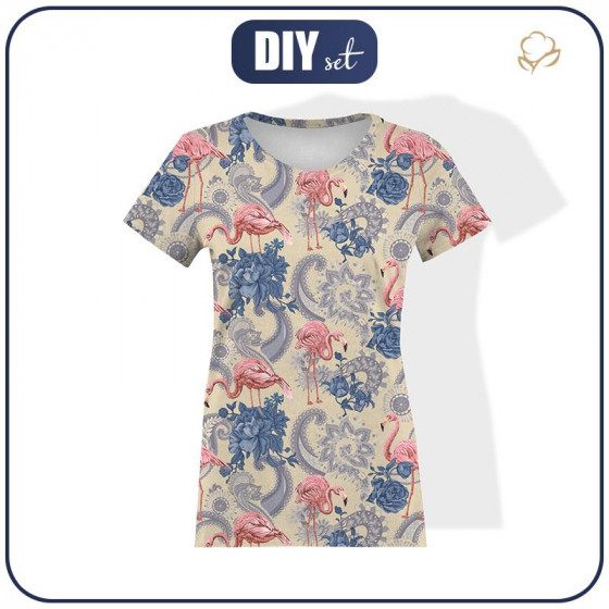 WOMEN’S T-SHIRT - FLAMINGOS AND ROSES / beige - single jersey 