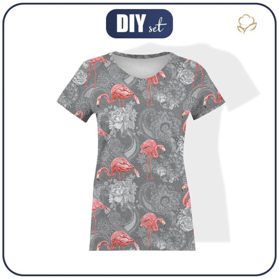 WOMEN’S T-SHIRT - FLAMINGOS AND ROSES / grey - single jersey 