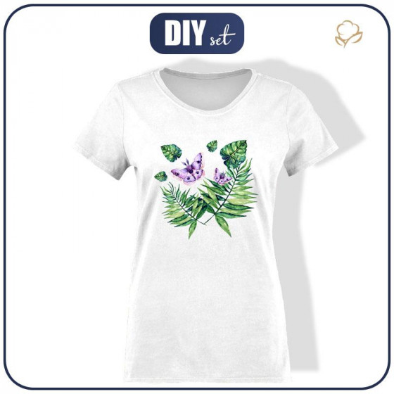 WOMEN’S T-SHIRT - MINI LEAVES AND INSECTS PAT. 4 (TROPICAL NATURE) / white - single jersey