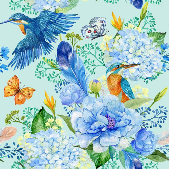 KINGFISHERS AND LILACS (KINGFISHERS IN THE MEADOW) / light blue