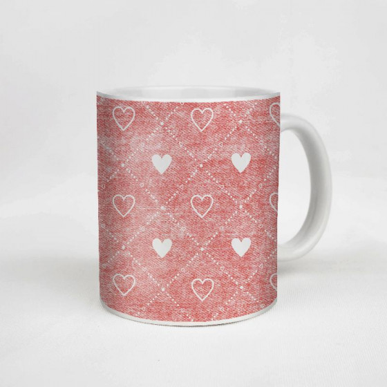 MUG WITH PRINT - HEARTS AND RHOMBUSES / vinage look jeans (red)