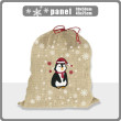 PENGUIN SANTA  / red - jute - Cotton woven fabric panel / Choice of sizes