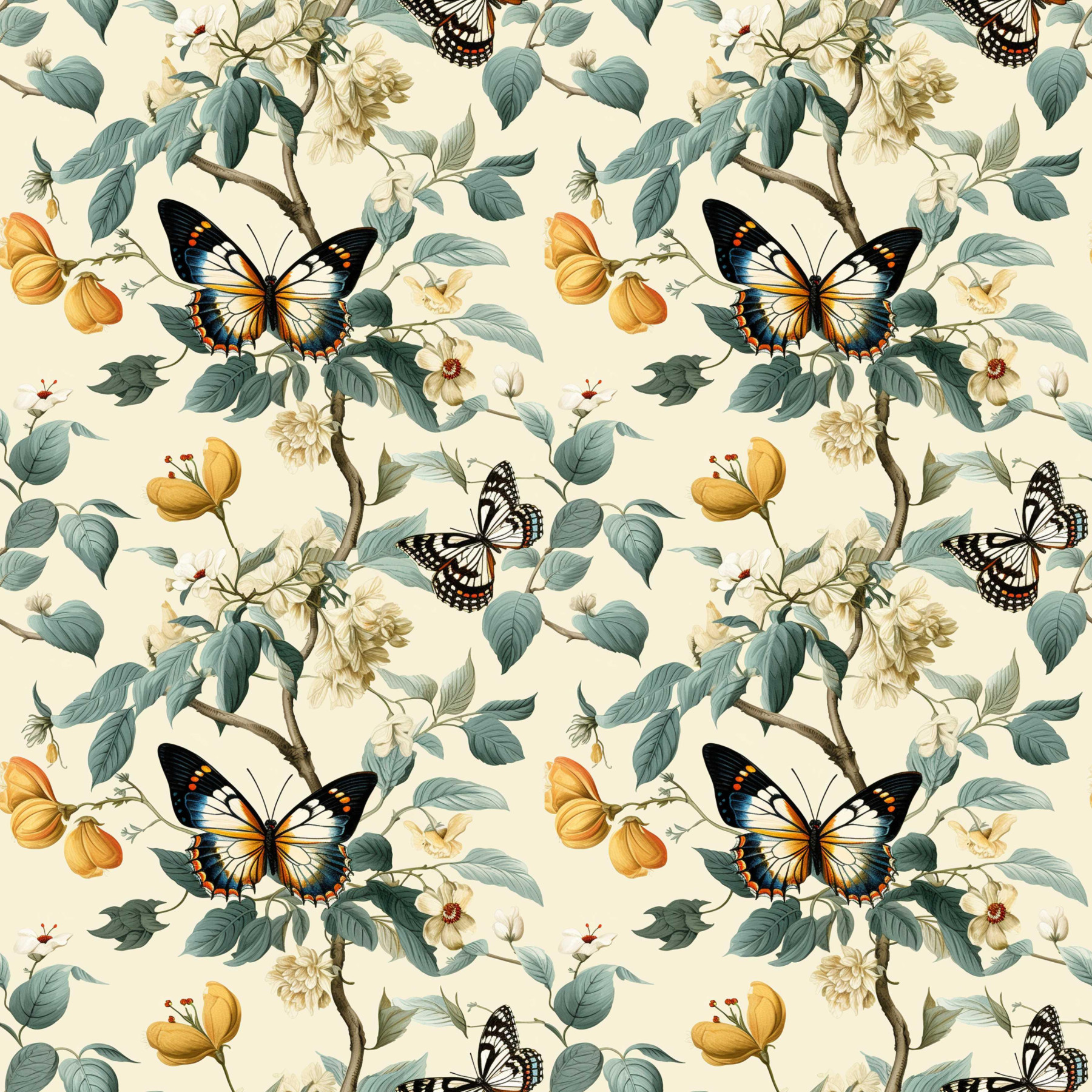 Butterfly & Flowers wz.2 - Baumwoll Musselin