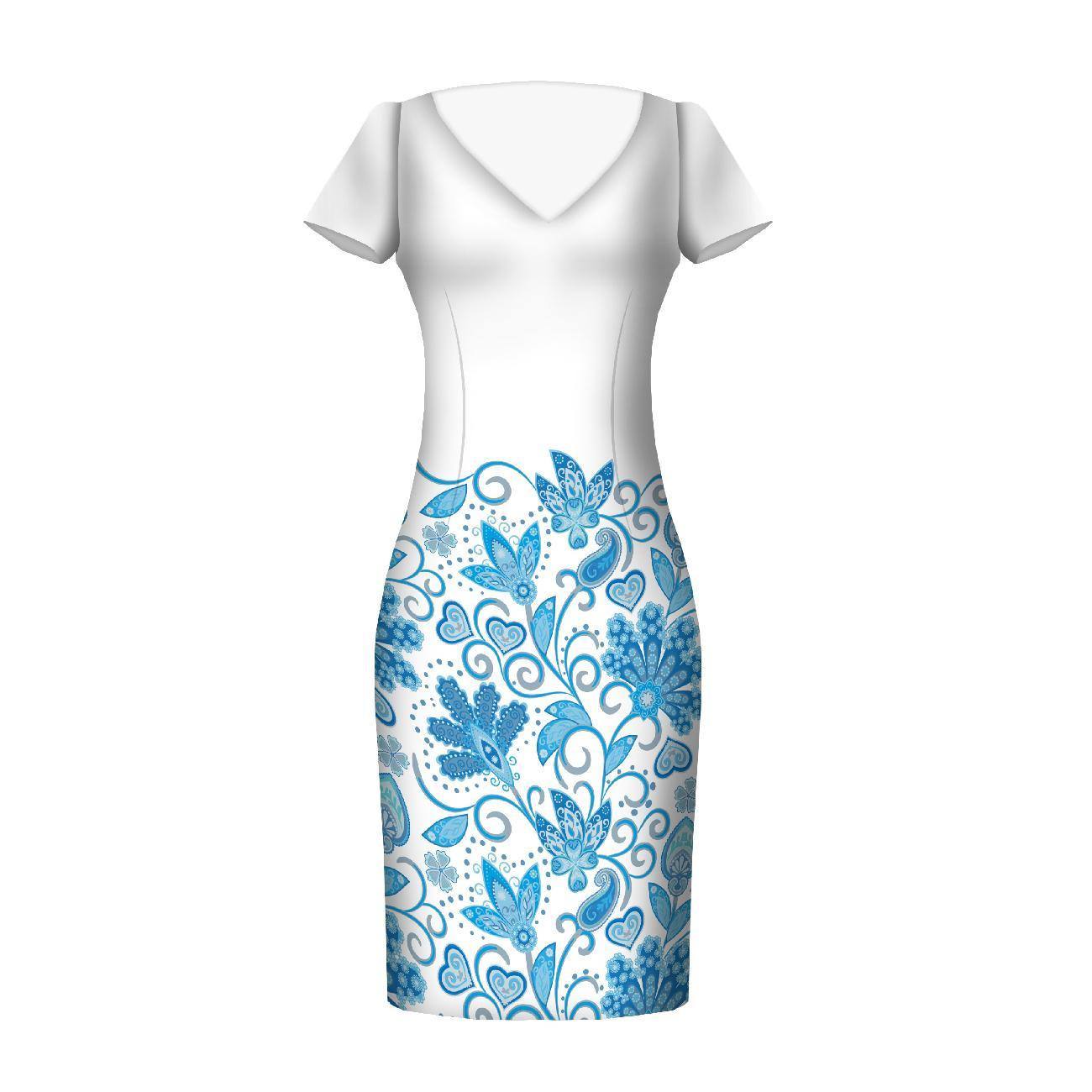 BLUMEN (Motiv 2 hellblau) / weiß - Kleid-Panel Baumwoll Musselin