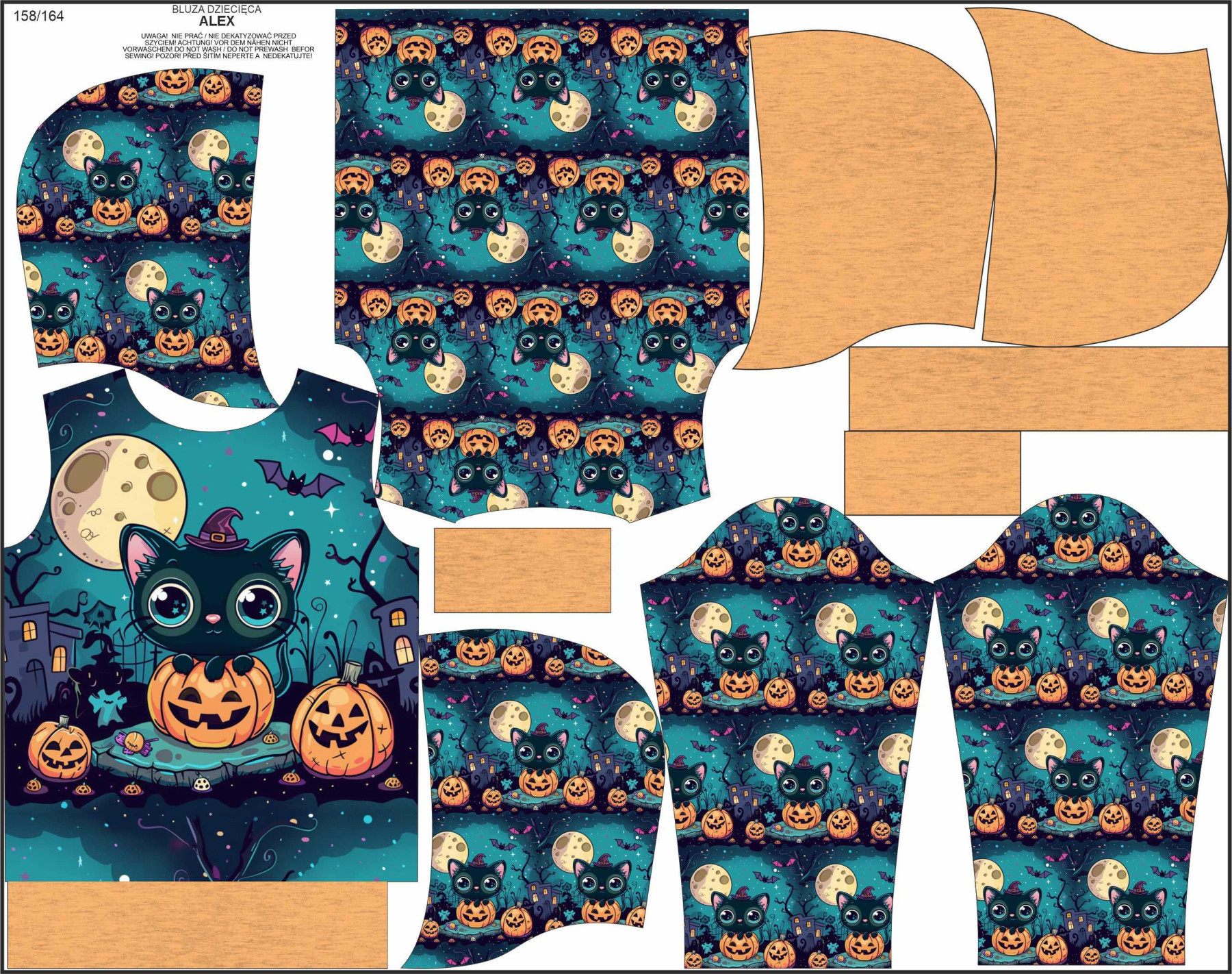 KINDER HOODIE (ALEX) - HALLOWEEN CAT MOON - Nähset