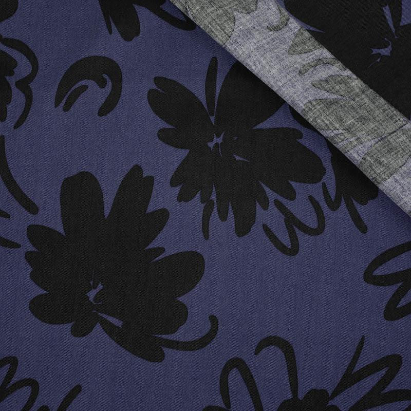 40cm SCHWARZE BLUMEN / dunkelblau - Lyocell-Webware