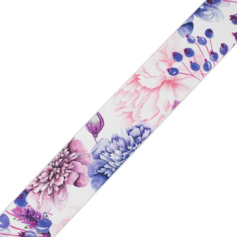Gewebte Gummiband mit Aufdruck - VIOLETTE PFINGSTROSEN (AUF DER WIESE) / Größe nach Wahl