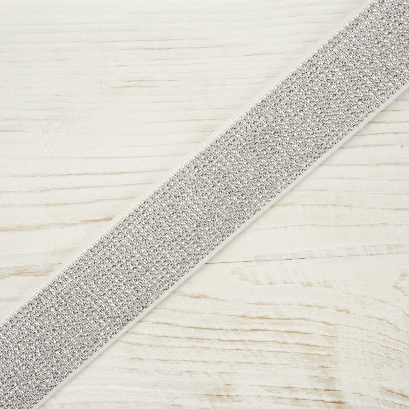 Gummiband flach mit Metallfaden WEIß 20 mm - silber