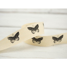 Baumwollband mit schwarzen Schmetterlingen - 15mm