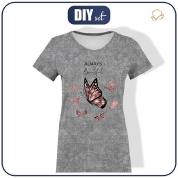 DAMEN T-SHIRT - ALWAYS BEAUTIFUL (GLITTER SCHMETTERLINGE) / ACID WASH GRAU - Single Jersey