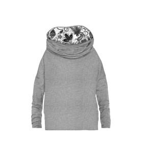 Sweatshirt mit Schalkragen und Fledermausärmel (FURIA) - MELANGE HELLGRAU / blumen (Motiv 2 grau) - Nähset