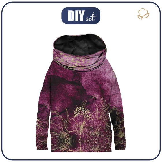 Sweatshirt mit Schalkragen und Fledermausärmel (FURIA) - BLUMEN / goldener Umriss Ms. 1 / AQUARELL MARMOR - Nähset