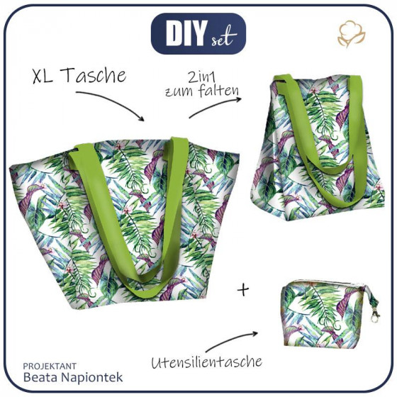 XL Tasche mit Utensilientasche 2 in 1 - MINI BLÄTTER UND INSEKTEN MS.2 (TROPISCHE NATUR) / weiß - Nähset