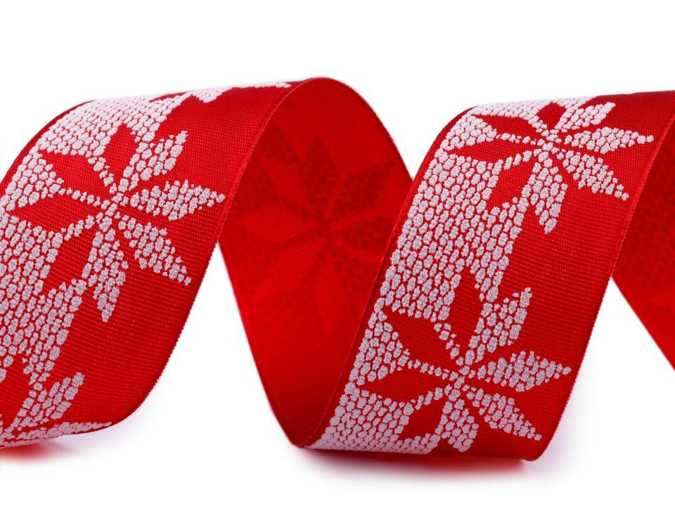 Satin ribbon 40 mm Snowflakes - red