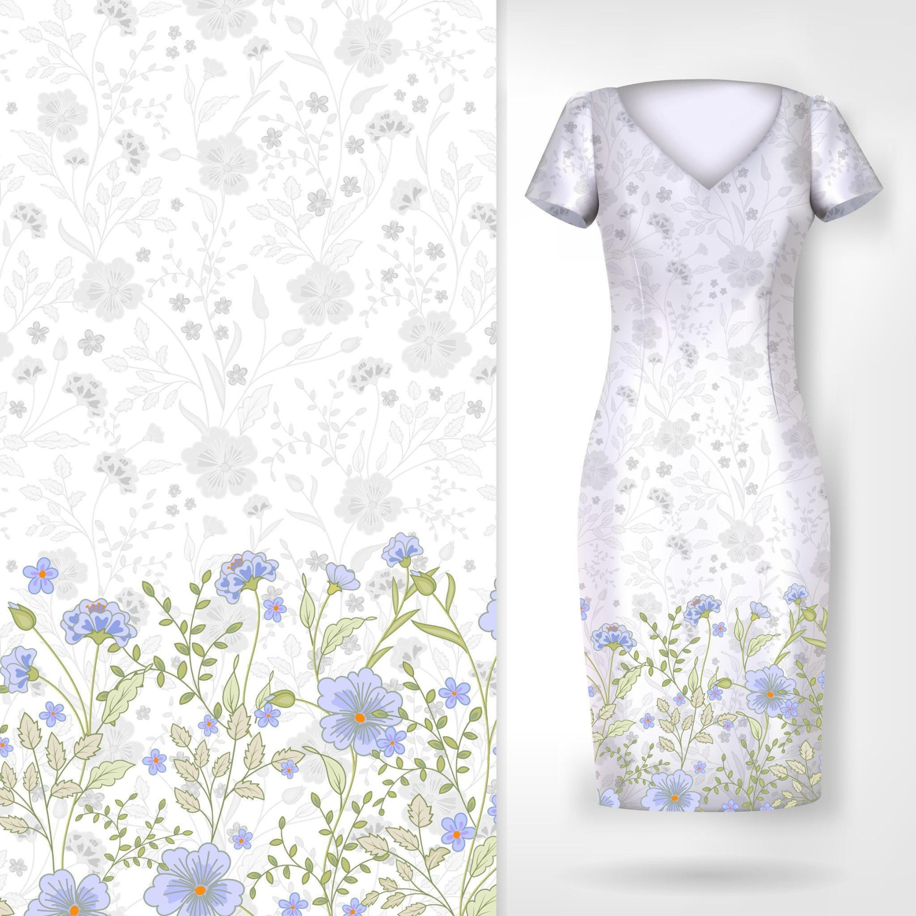 FLOWERS (pattern no. 5 green) / white - dress panel crepe