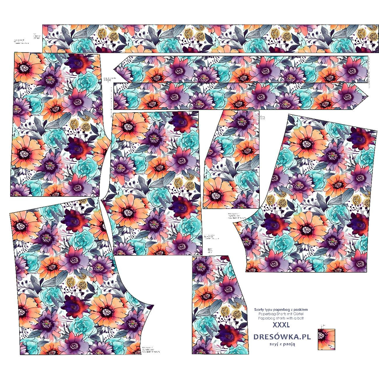 PAPERBAG SHORTS - WATER-COLOR FLOWERS pat. 6 - sewing set XS
