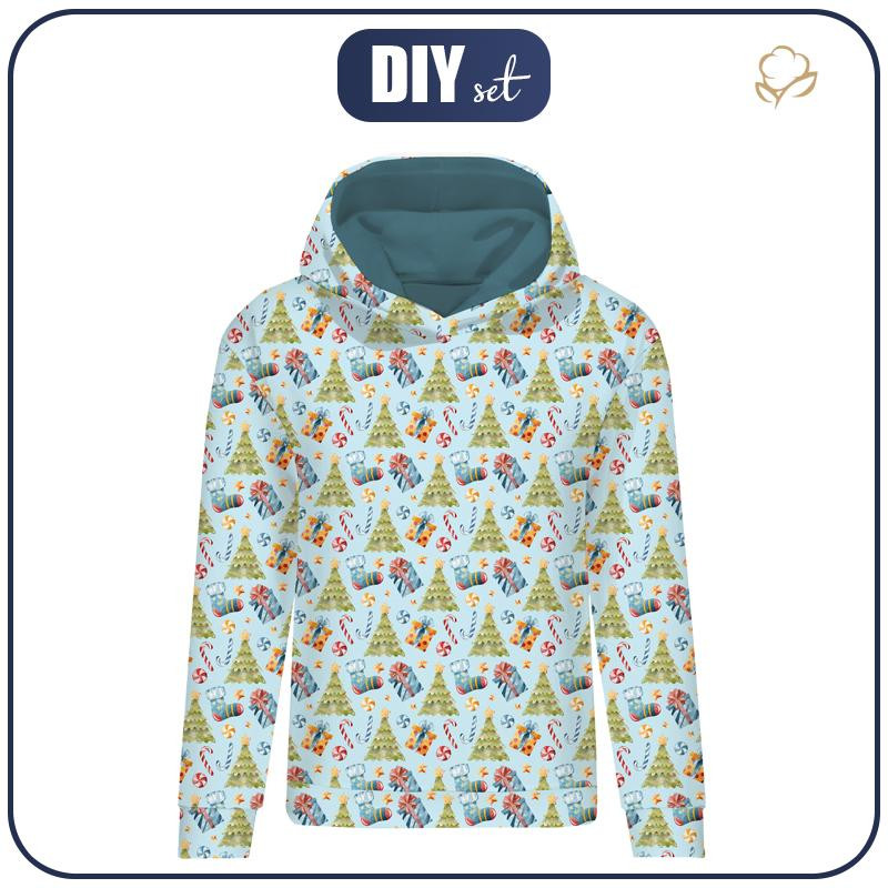 CLASSIC WOMEN’S HOODIE (POLA) - CHRISTMAS TREES AND PRESENTS (CHRISTMAS SEASON) - looped knit fabric 