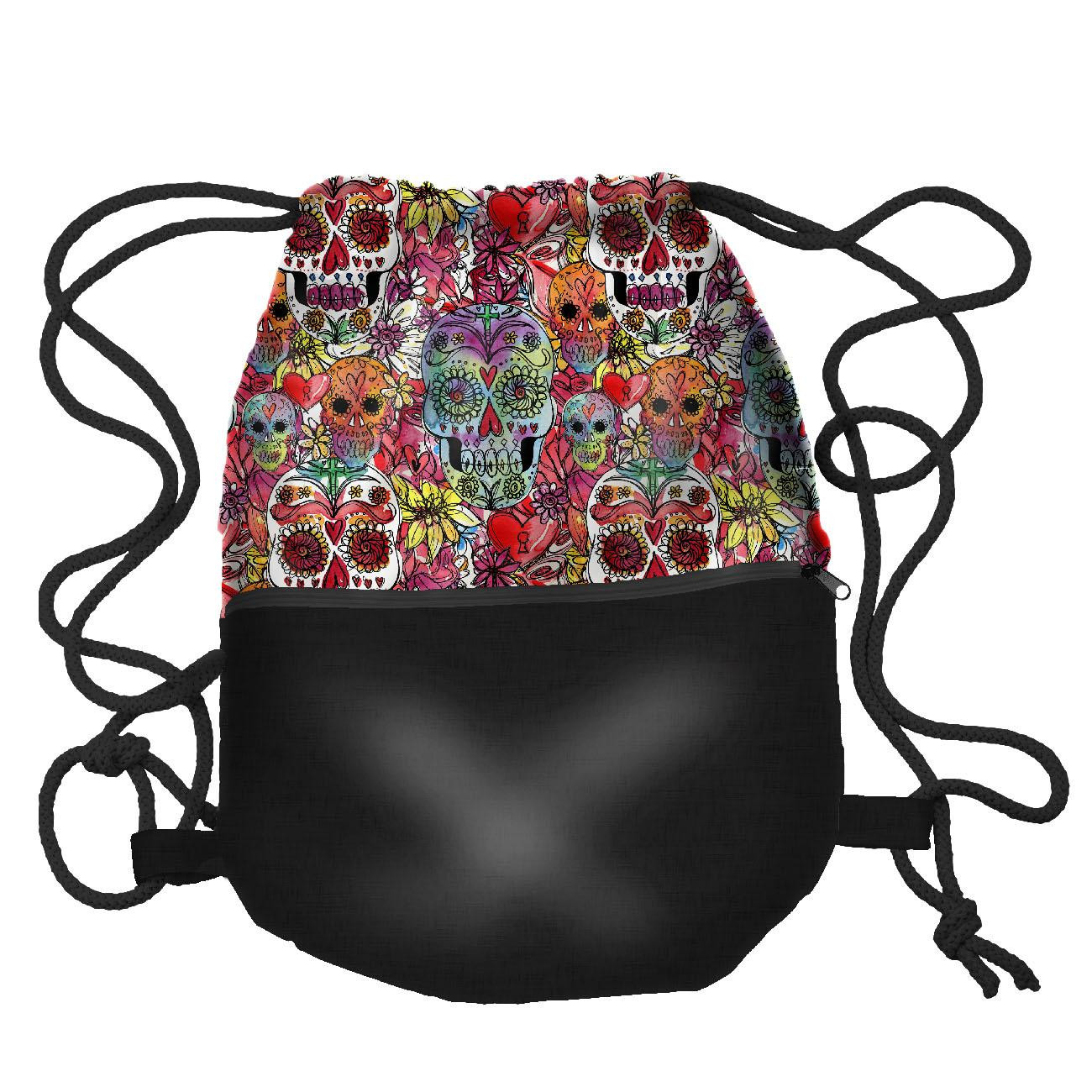 GYM BAG WITH POCKET - SKULLS pat. 4 / colorful (DIA DE LOS MUERTOS) - sewing set