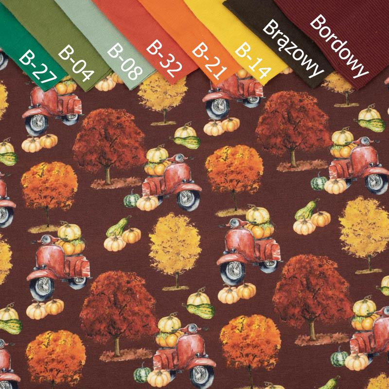 PUMPKINS ON THE SCOOTER (trees) / maroon (PUMPKIN GARDEN) - looped knit fabric