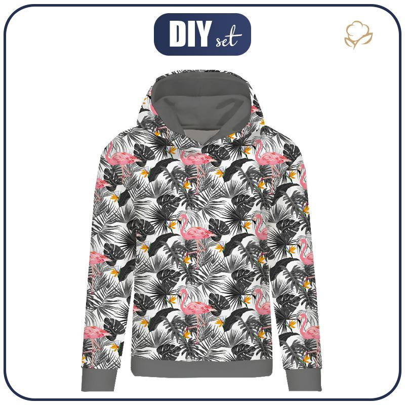 CLASSIC WOMEN’S HOODIE (POLA) - FLAMINGOS WITH LEAVES - looped knit fabric 