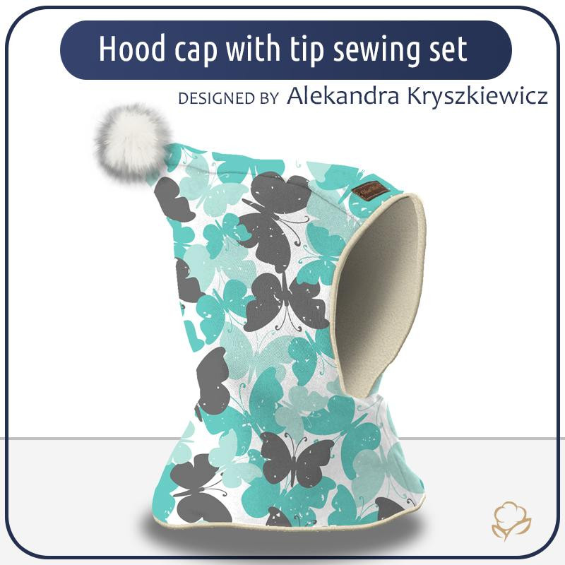 Kid’s hood cap sewing set  - BUTTERFLIES / aqua - white