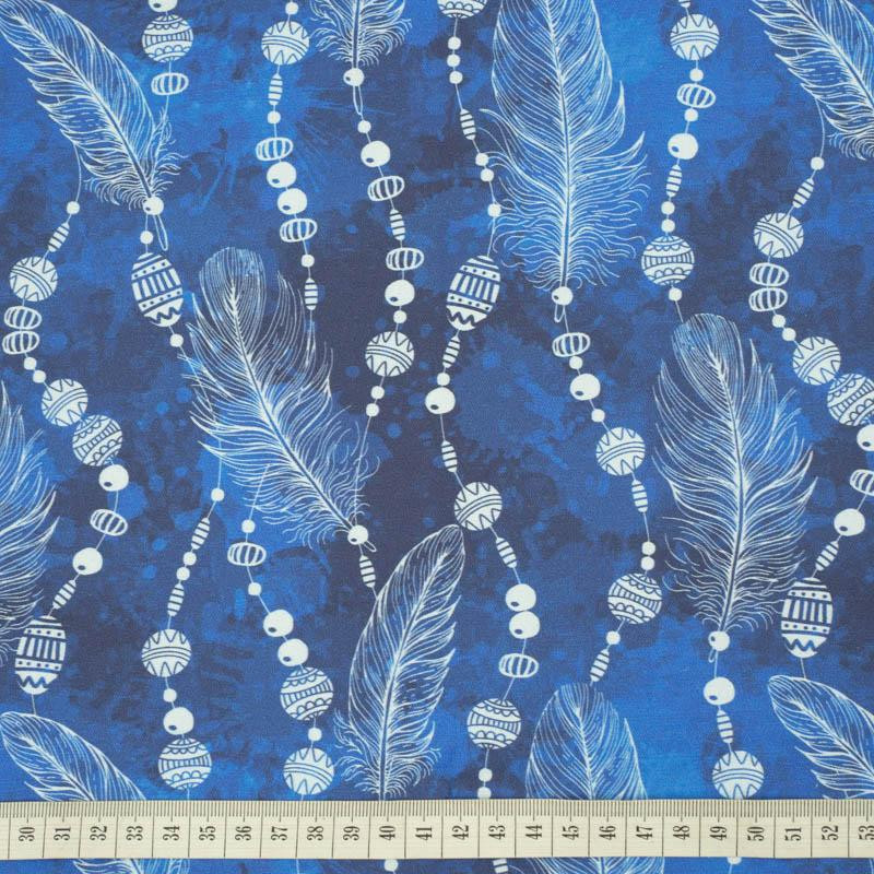 WHITE FEATHERS AND BEADS (CLASSIC BLUE) - Cotton drill