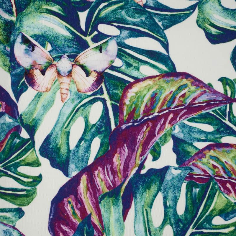 LEAVES AND INSECTS PAT. 5 (TROPICAL NATURE) / white - single jersey with elastane 