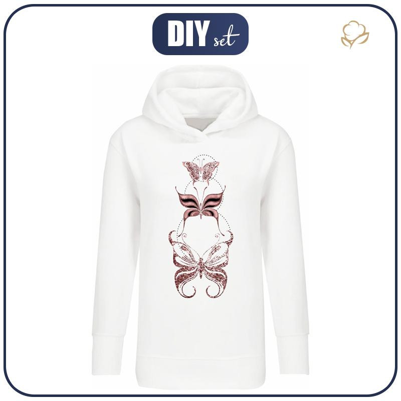 LONG WOMEN’S HOODIE (MEGI) - BUTTERFLIES MIX PAT. 4 (GLITTER BUTTERFLIES) - looped knit fabric  