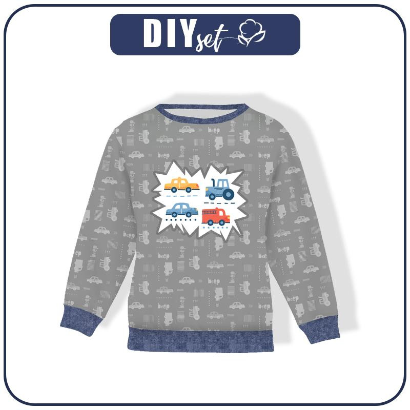 CHILDREN'S (NOE) SWEATSHIRT - VEHICLES pat. 2 / white (ADVENTURE BEGINS) - sewing set