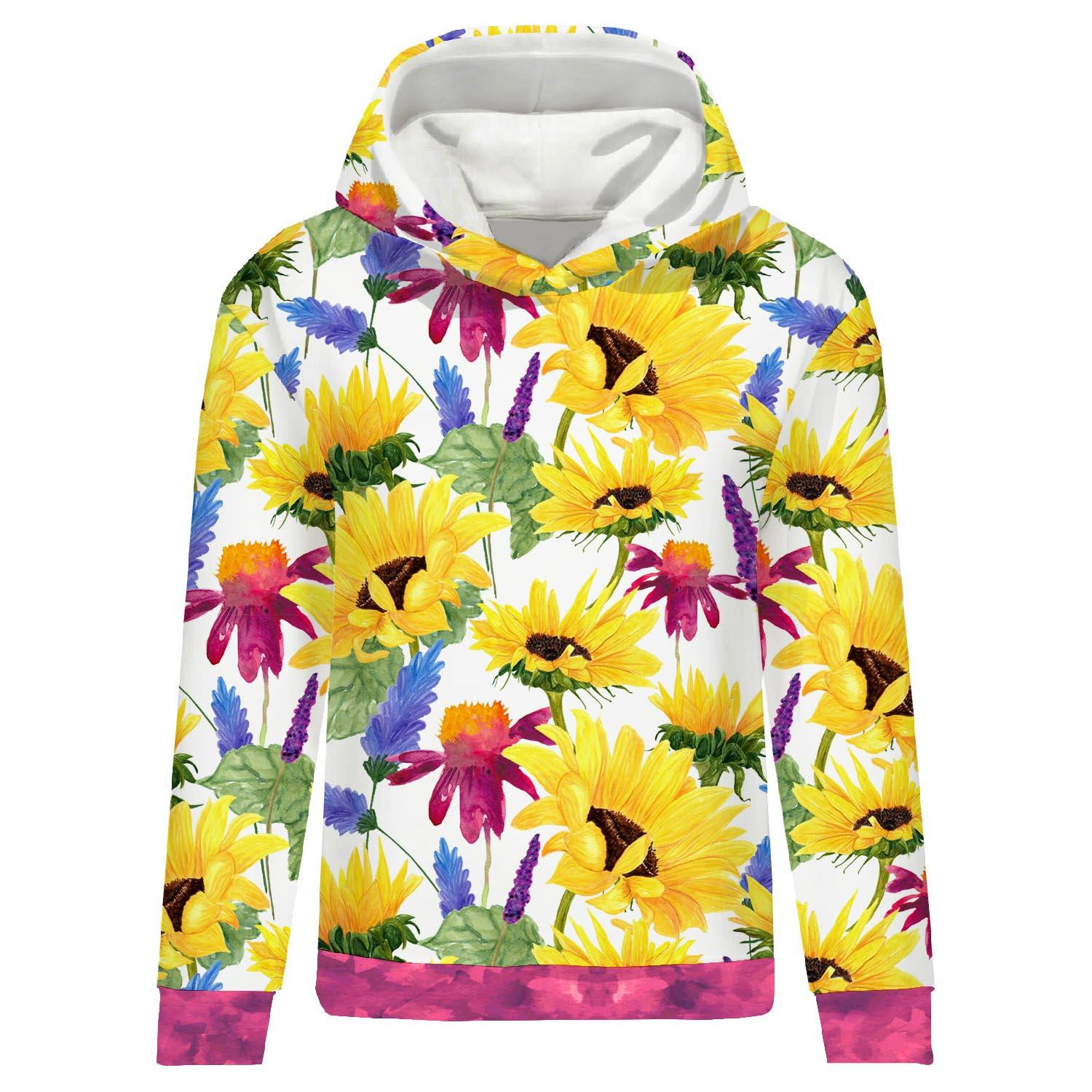 CLASSIC WOMEN’S HOODIE (POLA) - SUNFLOWERS pat. 4 (BLOOMING MEADOW) - looped knit fabric 